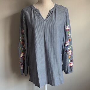 Talbots Striped Peasant Blouse with Embroidered Sleeves